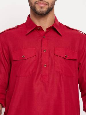 Maroon And White Cotton Blend Kurta Pyjama Set 4