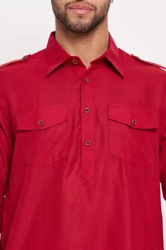 Maroon And White Cotton Blend Kurta Pyjama Set