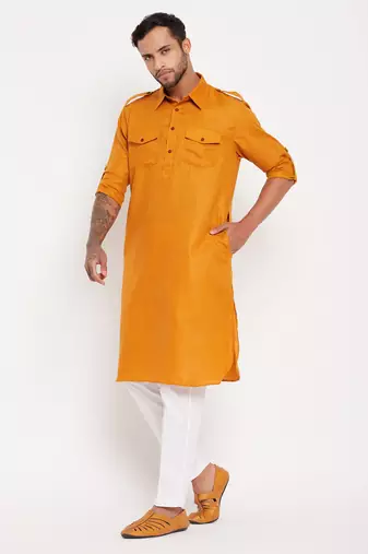 Rust And White Cotton Blend Kurta Pyjama Set