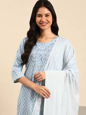women's scoop neck ethnic motifs block print blue straight kurta and trouser with dupatta 1