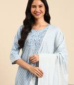 women's scoop neck ethnic motifs block print blue straight kurta and trouser with dupatta