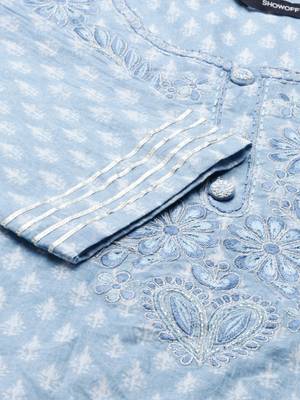 women's scoop neck ethnic motifs block print blue straight kurta and trouser with dupatta 3