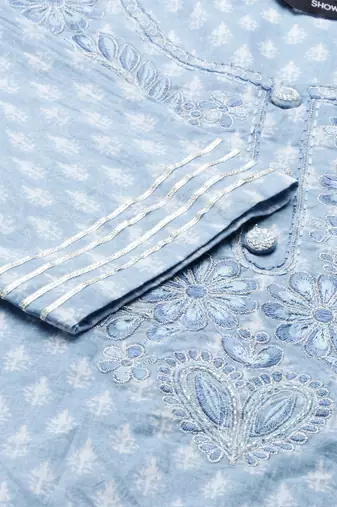 women's scoop neck ethnic motifs block print blue straight kurta and trouser with dupatta
