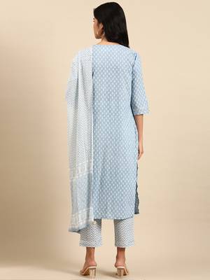 women's scoop neck ethnic motifs block print blue straight kurta and trouser with dupatta 4
