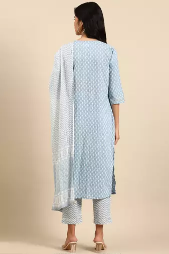 women's scoop neck ethnic motifs block print blue straight kurta and trouser with dupatta