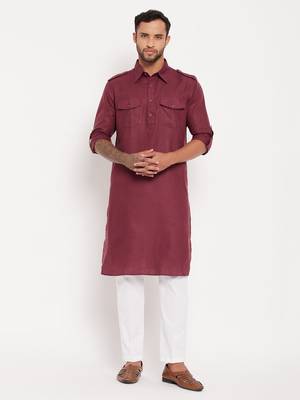 Purple And White Cotton Blend Kurta Pyjama Set 1