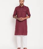 Purple And White Cotton Blend Kurta Pyjama Set