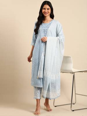 women's scoop neck ethnic motifs block print blue straight kurta and trouser with dupatta 5