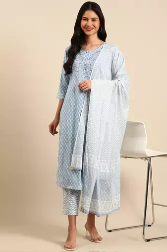 women's scoop neck ethnic motifs block print blue straight kurta and trouser with dupatta