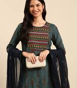 women's scoop neck ethnic motifs block print teal straight kurta and palazzos with dupatta