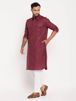 Purple And White Cotton Blend Kurta Pyjama Set 2