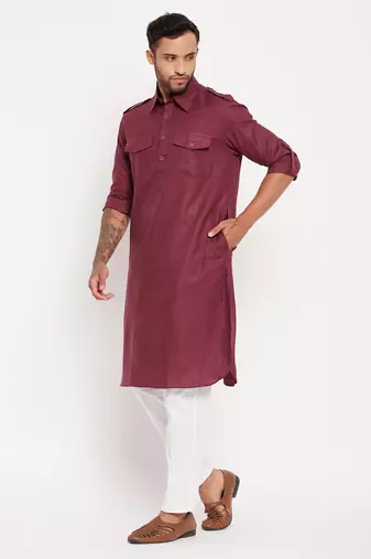 Purple And White Cotton Blend Kurta Pyjama Set