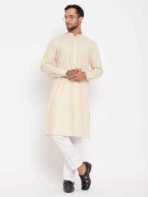 Men'S Cream And White Cotton Blend Kurta Pyjama Set 1