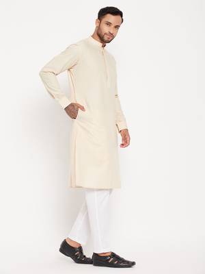 Men'S Cream And White Cotton Blend Kurta Pyjama Set 2
