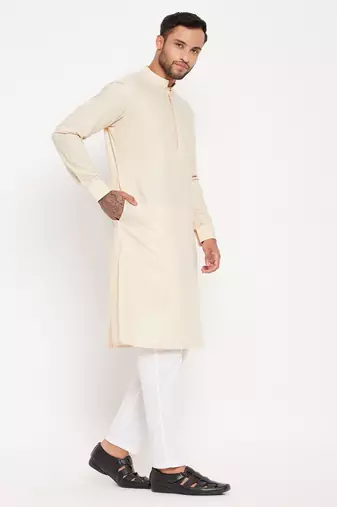 Men'S Cream And White Cotton Blend Kurta Pyjama Set