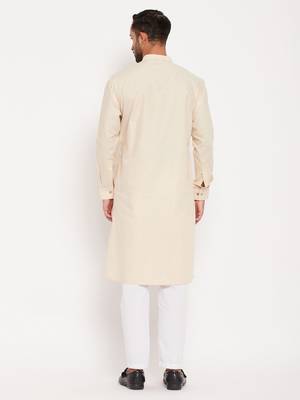 Men'S Cream And White Cotton Blend Kurta Pyjama Set 3