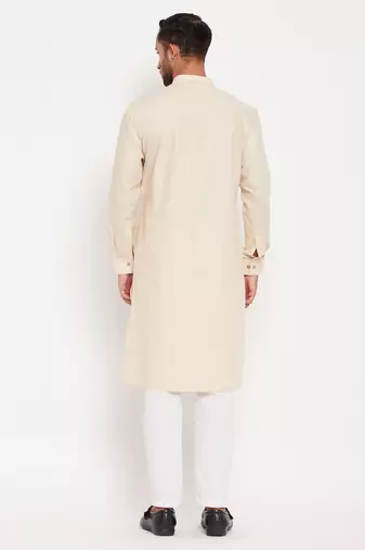 Men'S Cream And White Cotton Blend Kurta Pyjama Set