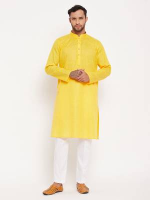 Yellow And White Cotton Kurta Pyjama Set 1