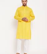 Yellow And White Cotton Kurta Pyjama Set
