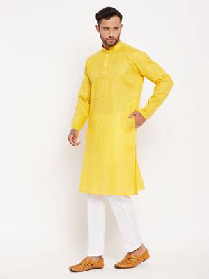Yellow And White Cotton Kurta Pyjama Set 2