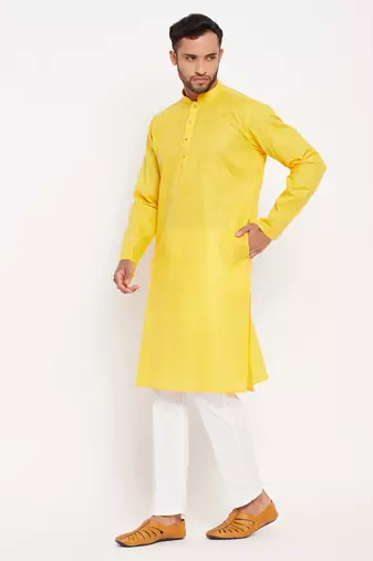 Yellow And White Cotton Kurta Pyjama Set