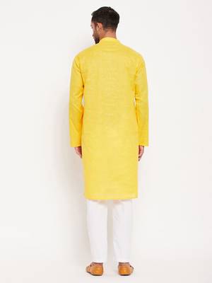 Yellow And White Cotton Kurta Pyjama Set 3