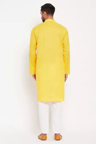 Yellow And White Cotton Kurta Pyjama Set