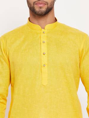 Yellow And White Cotton Kurta Pyjama Set 4