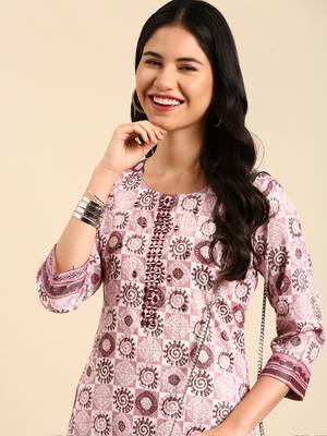 women's scoop neck ethnic motifs block print mauve straight kurta and trouser 1