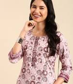 women's scoop neck ethnic motifs block print mauve straight kurta and trouser