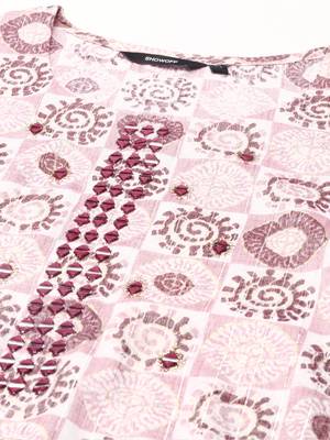 women's scoop neck ethnic motifs block print mauve straight kurta and trouser 2