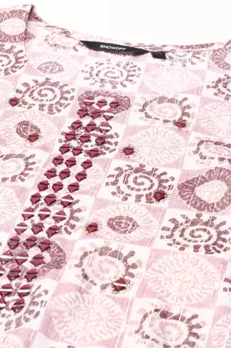 women's scoop neck ethnic motifs block print mauve straight kurta and trouser