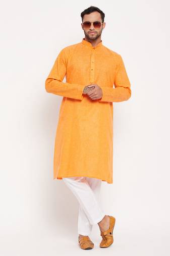 Men'S Orange And White Cotton Kurta Pyjama Set