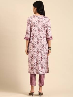 women's scoop neck ethnic motifs block print mauve straight kurta and trouser 4