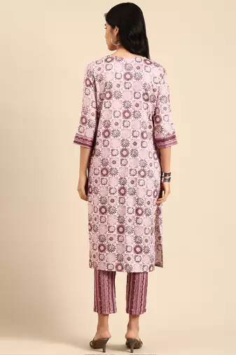 women's scoop neck ethnic motifs block print mauve straight kurta and trouser