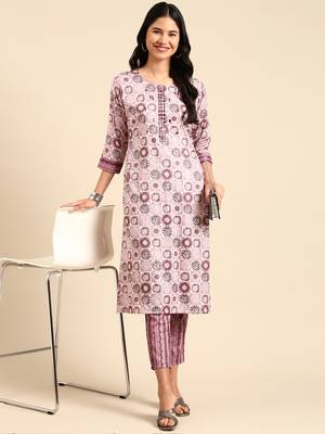 women's scoop neck ethnic motifs block print mauve straight kurta and trouser 5