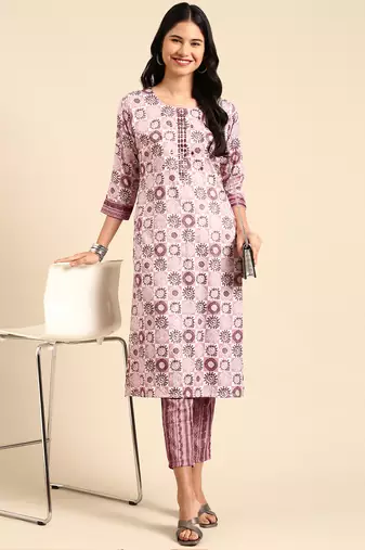 women's scoop neck ethnic motifs block print mauve straight kurta and trouser