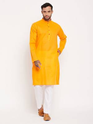 Orange And White Cotton Kurta Pyjama Set 1