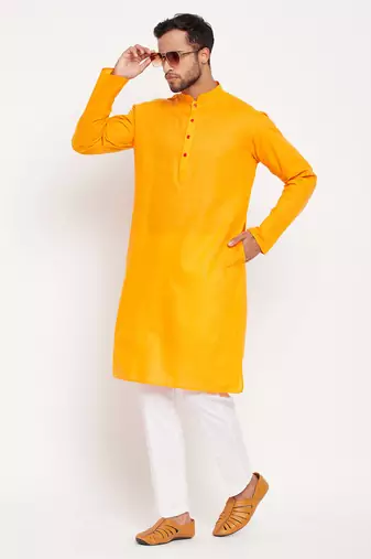 Orange And White Cotton Kurta Pyjama Set