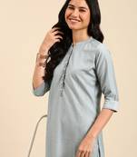 Showoff women's mandarin collar solid blue straight kurta and trouser