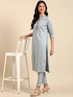 Showoff women's mandarin collar solid blue straight kurta and trouser 5