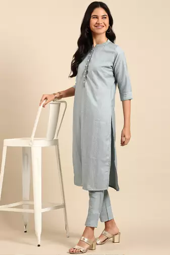 Showoff women's mandarin collar solid blue straight kurta and trouser