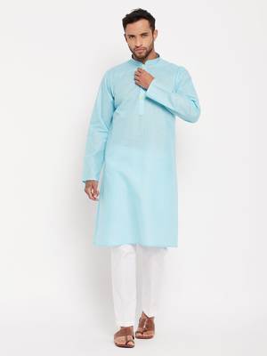 Aqua And White Cotton Kurta Pyjama Set 1
