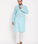Aqua And White Cotton Kurta Pyjama Set