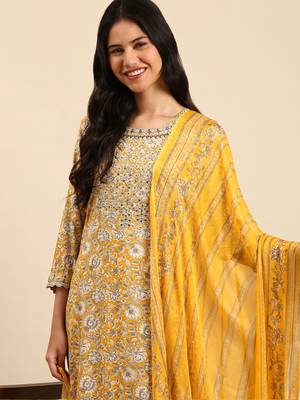 women's scoop neck ethnic motifs block print yellow straight kurta and trouser with dupatta 1