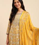 women's scoop neck ethnic motifs block print yellow straight kurta and trouser with dupatta