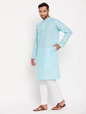 Aqua And White Cotton Kurta Pyjama Set 2