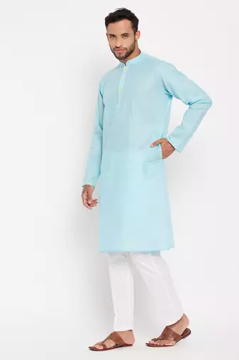 Aqua And White Cotton Kurta Pyjama Set