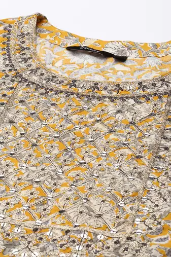 women's scoop neck ethnic motifs block print yellow straight kurta and trouser with dupatta