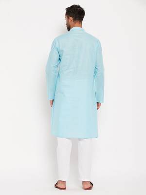 Aqua And White Cotton Kurta Pyjama Set 3